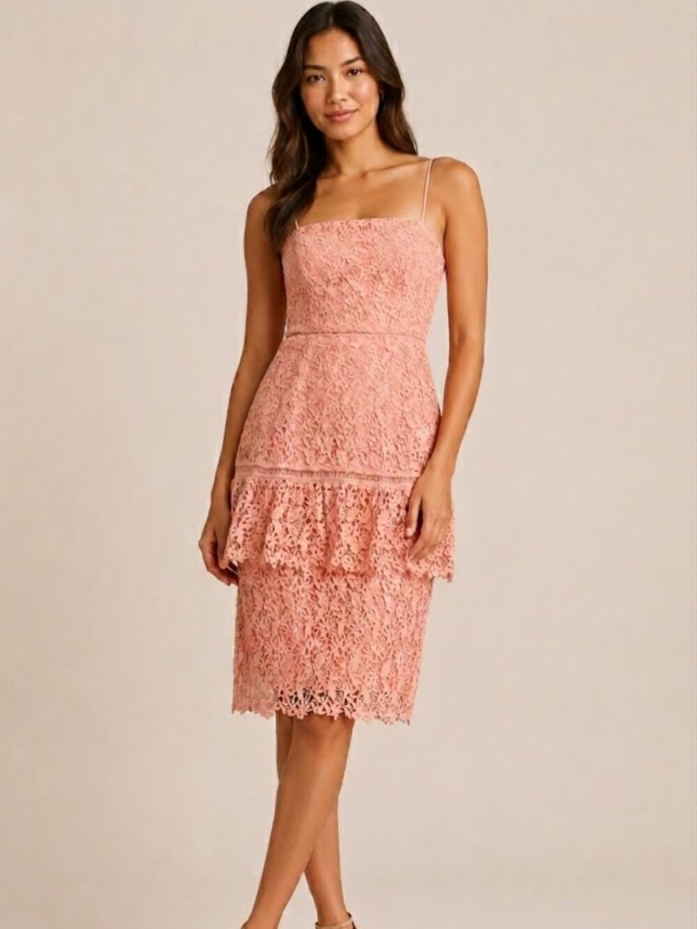 NSR New Coral Pink Crochet Lace Tiered Spaghetti Strap Cocktail Midi dress, sz M